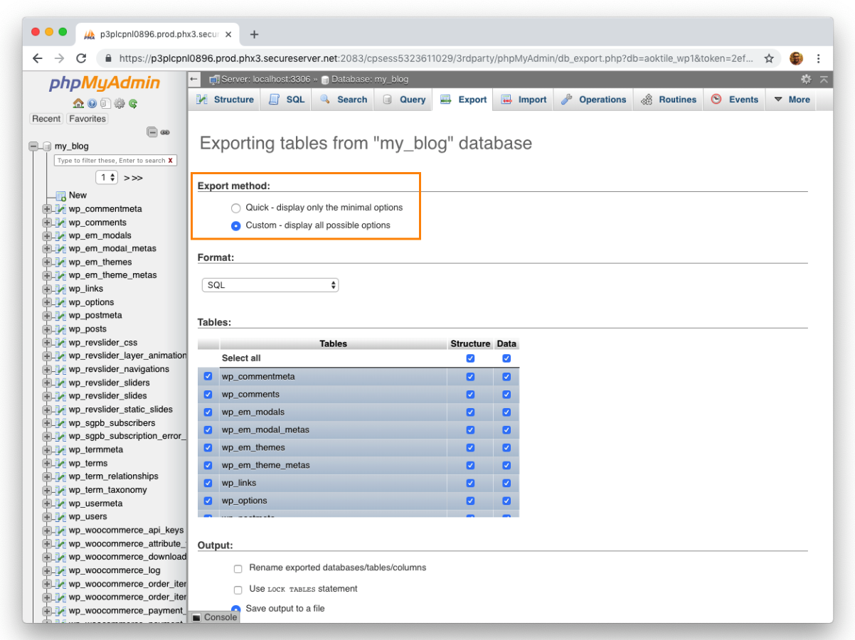 phpMyAdmin Custom Export