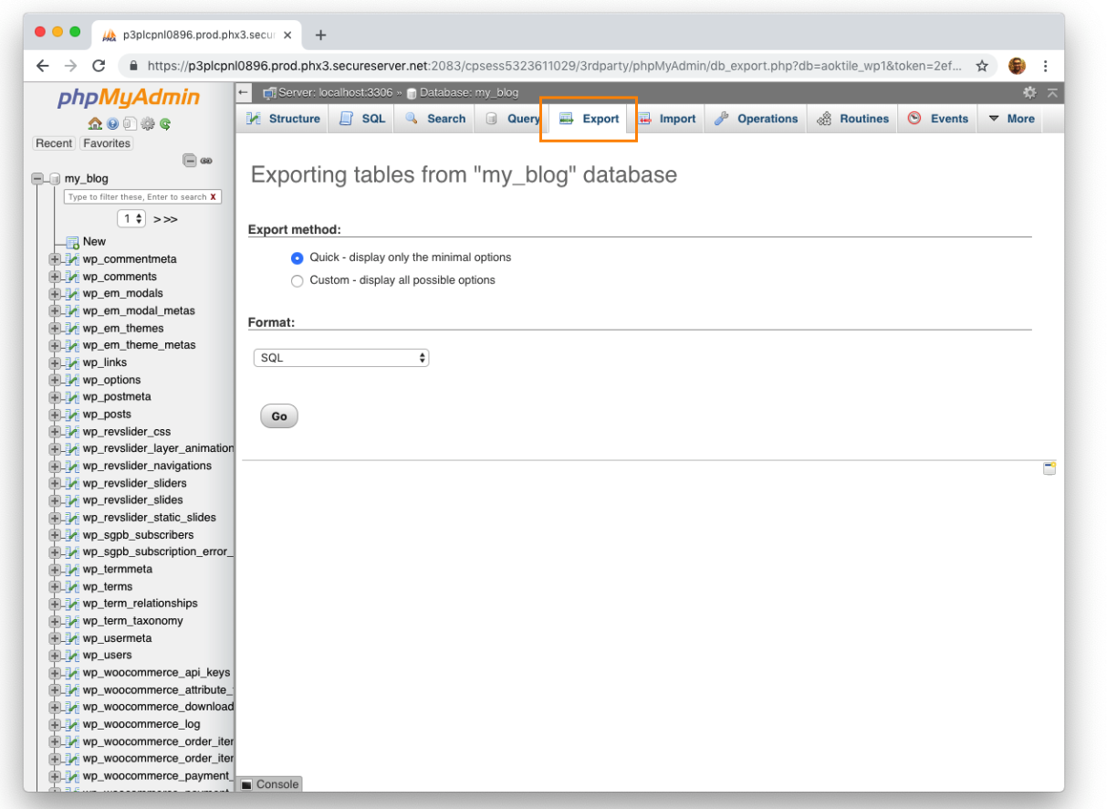 phpMyAdmin Export Tab