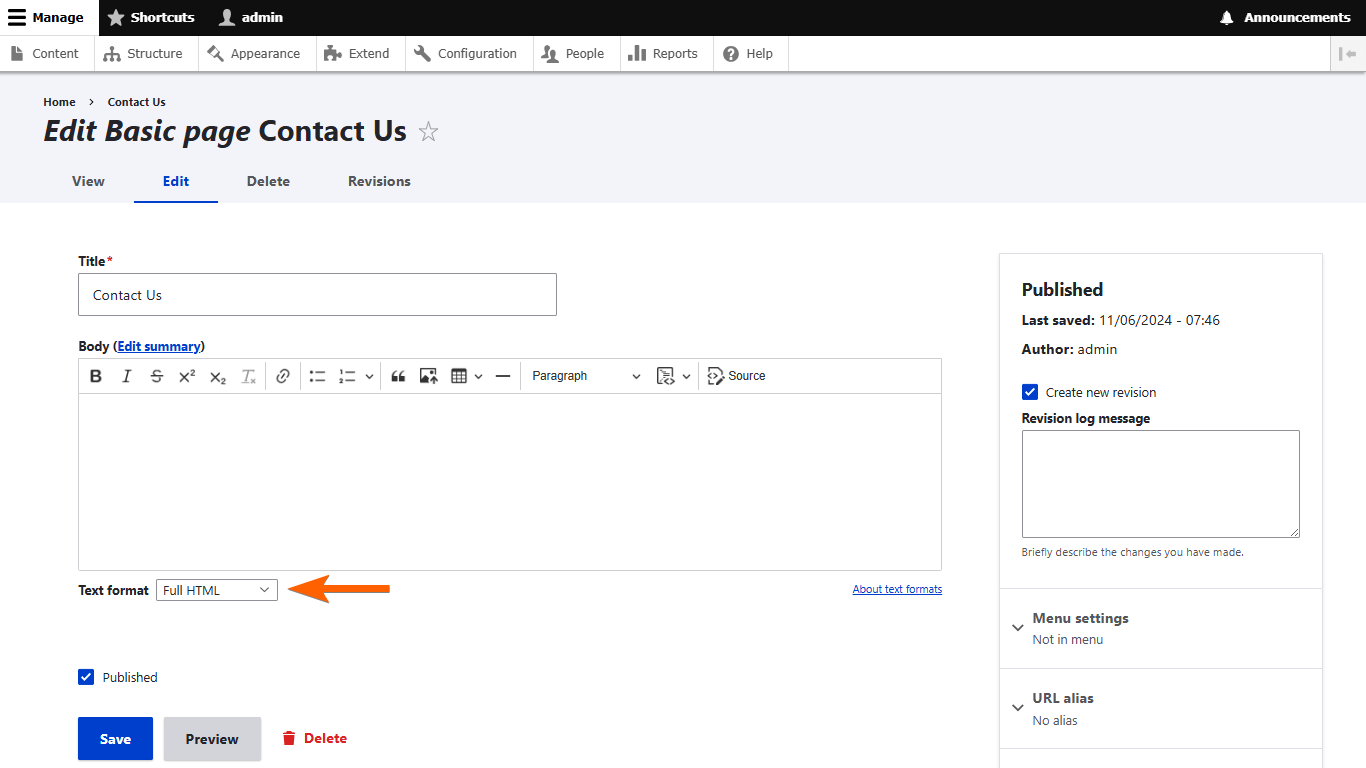 A Full HTML option in the Drupal editor