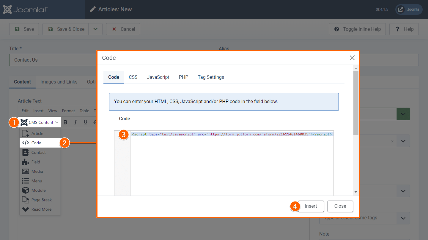 Steps to insert a code in Joomla