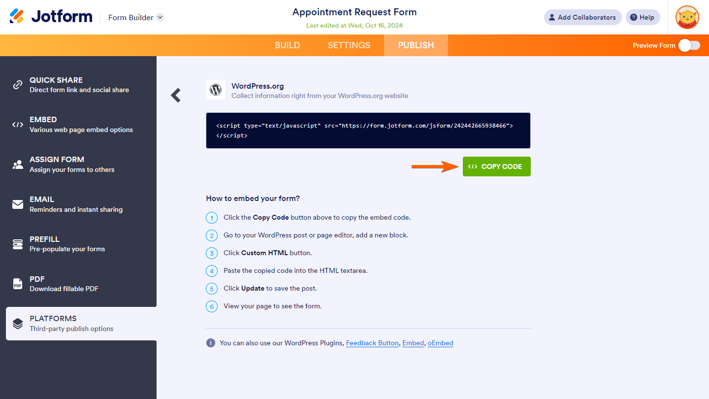 WordPress option Copy Code button in Platforms tab of Form Builder in Jotform