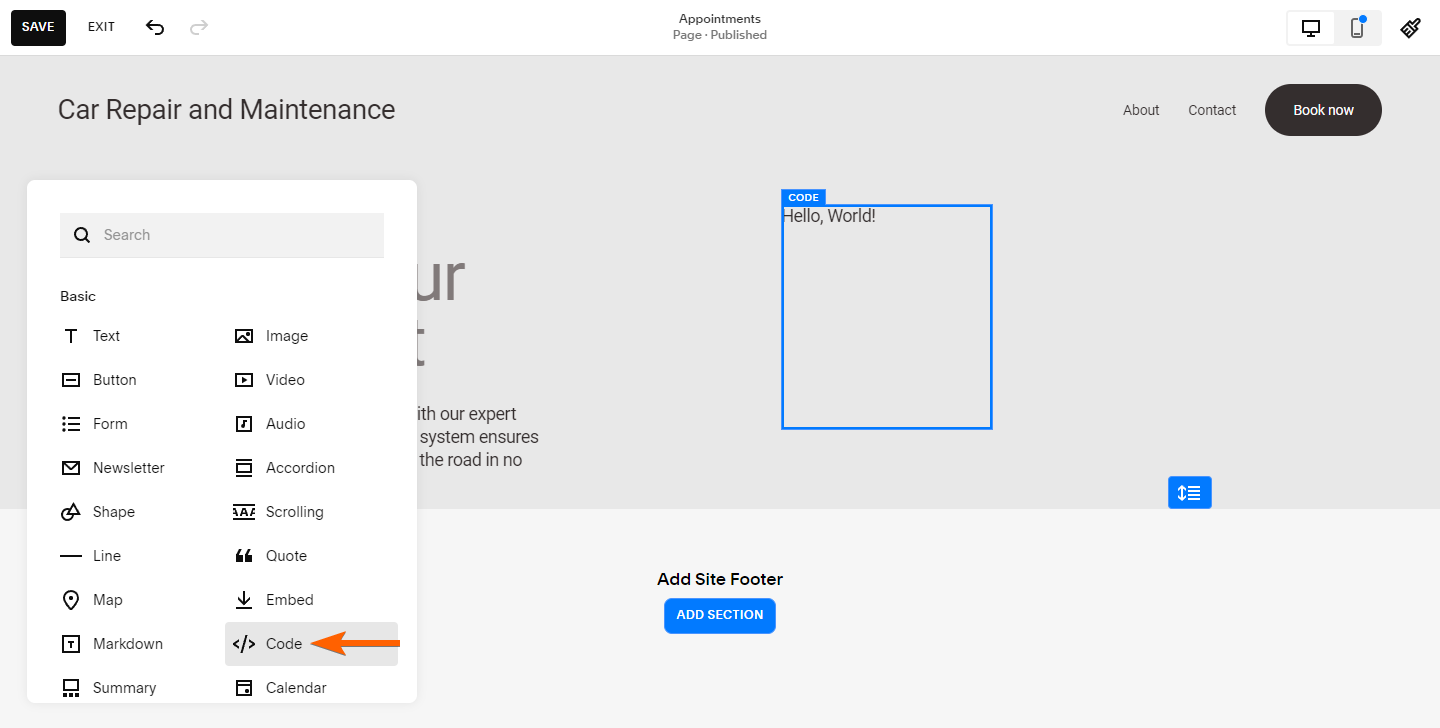 Code-Block zum Squarespace-Editor hinzufügen