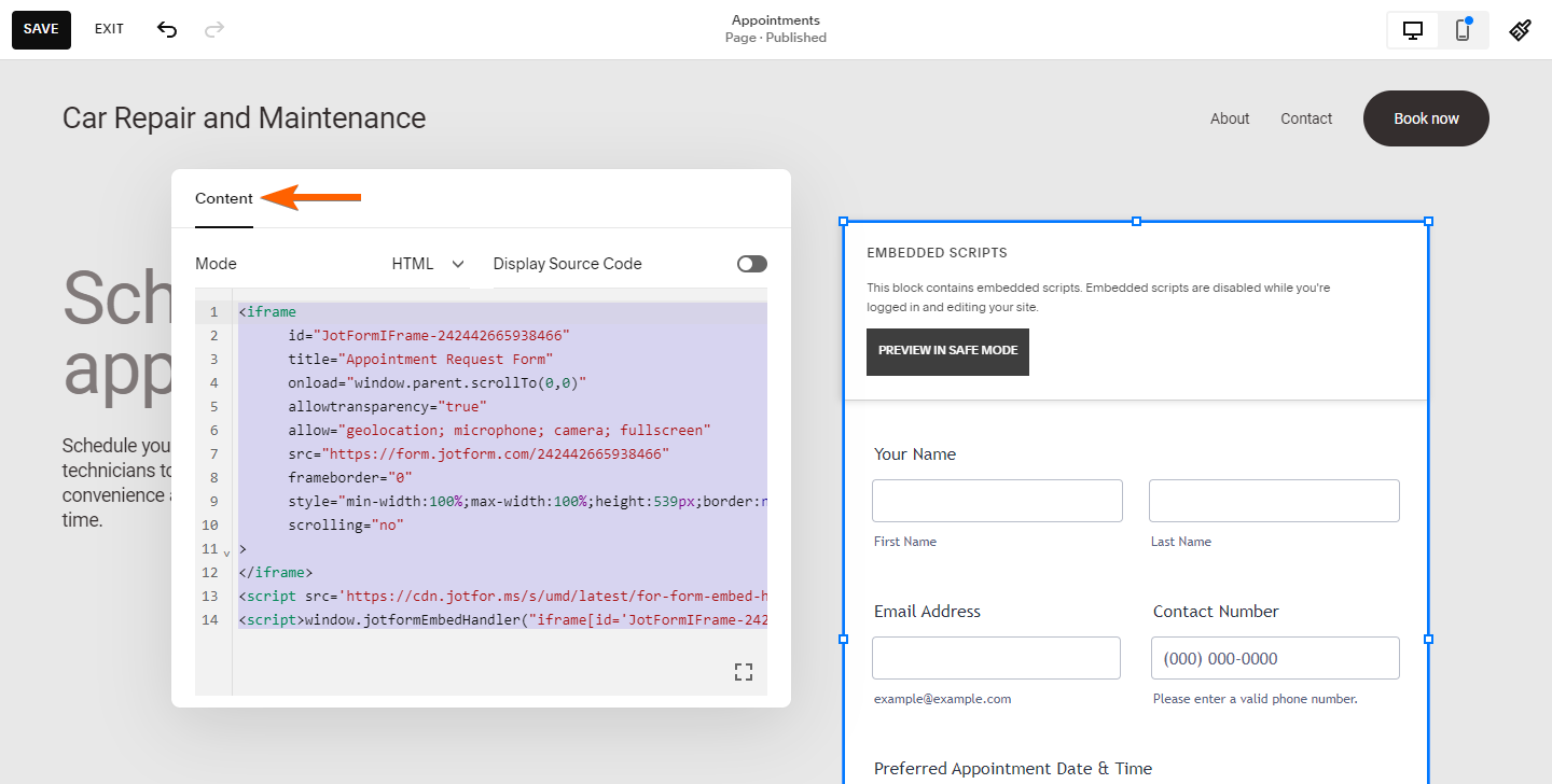 Jotform Embed Codes in Code block Content window on the Squarespace editor