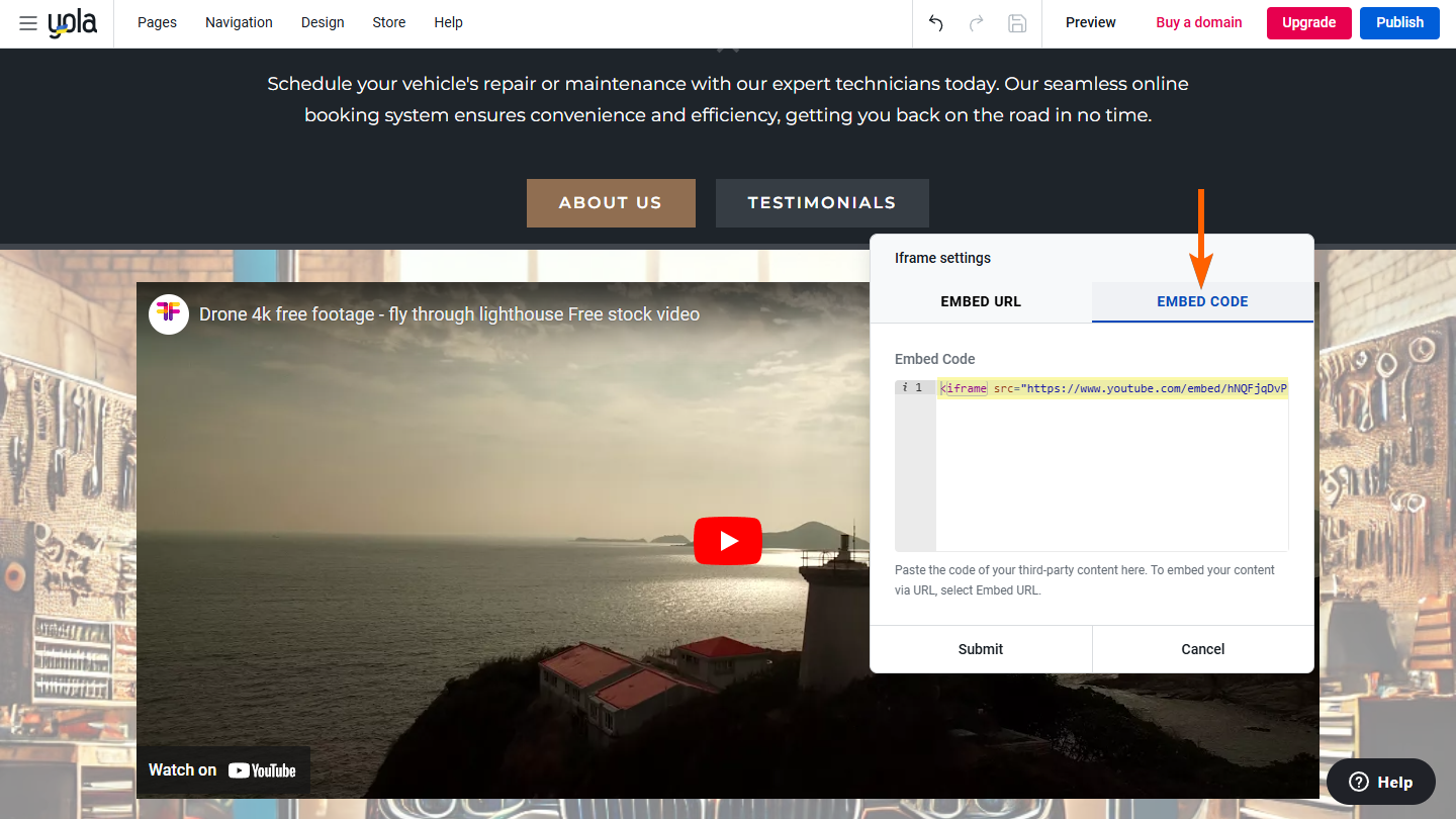 Default embed code in the embed code tab of the Iframe settings window on the Yola Sitebuilder