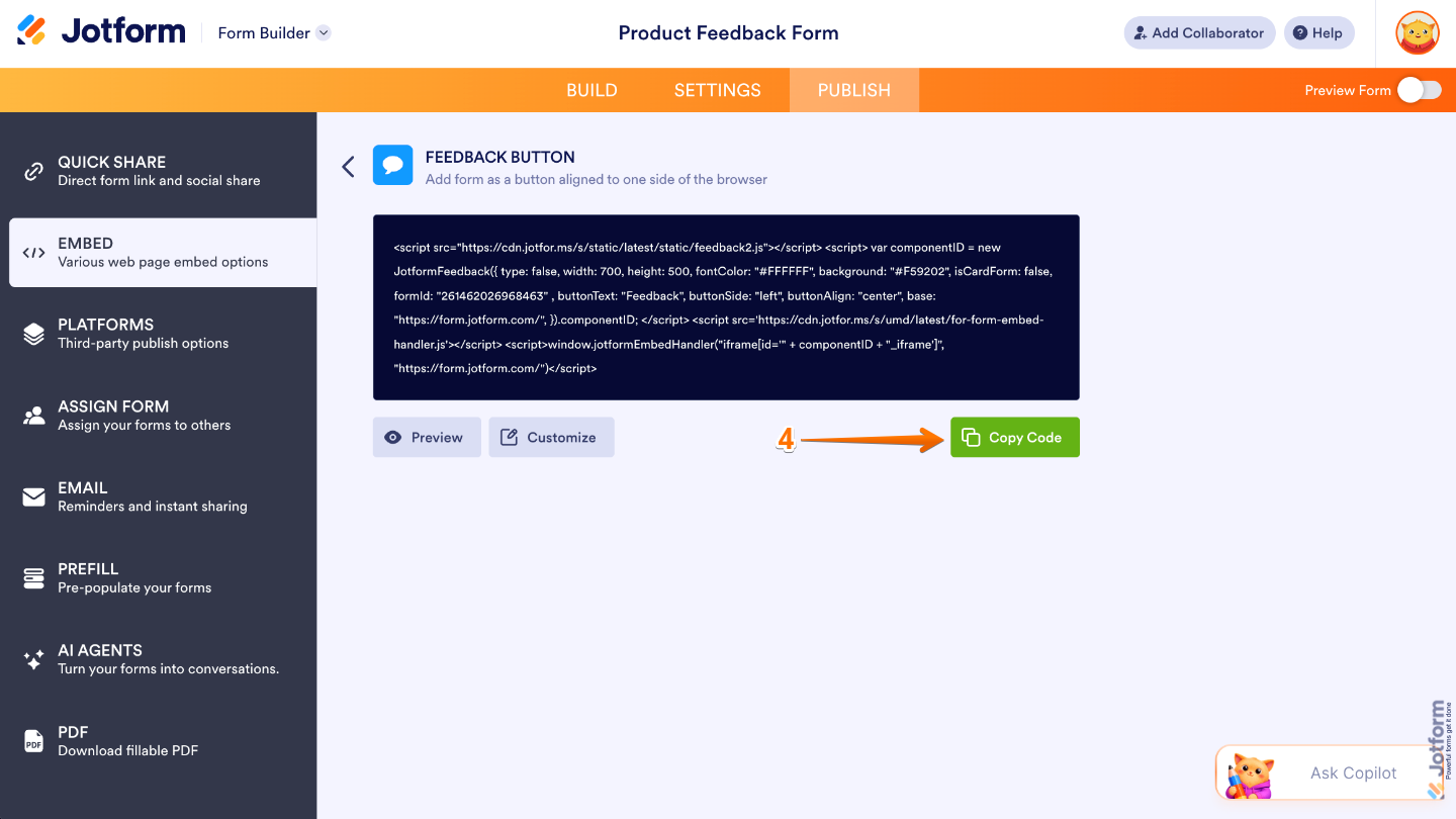 Embed window showing the Copy Code button for copying the Feedback Button embed code