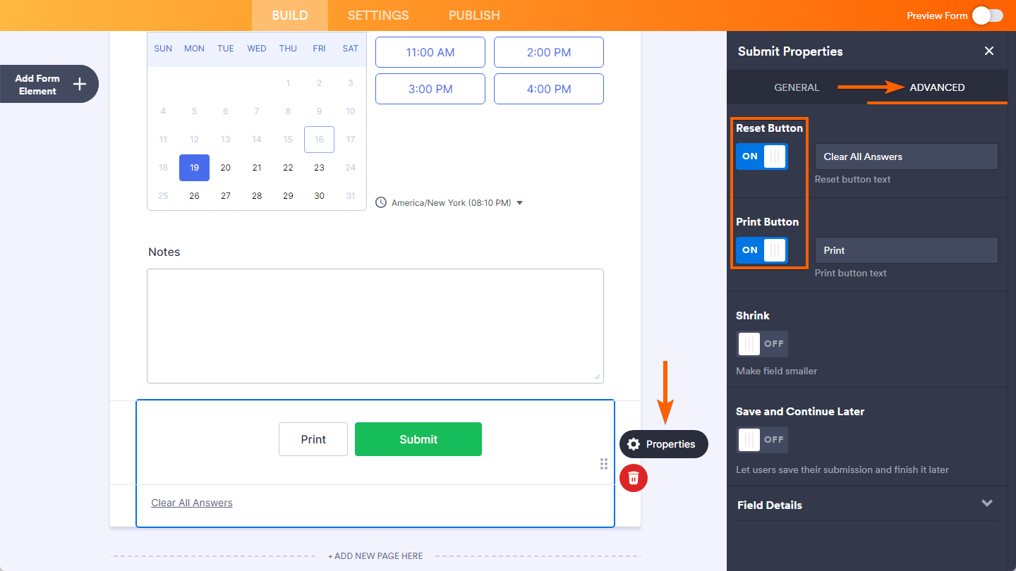 Propiedades del botón de restablecer y botón de imprimir en las propiedades avanzadas del botón de enviar en el Jotform Form Builder