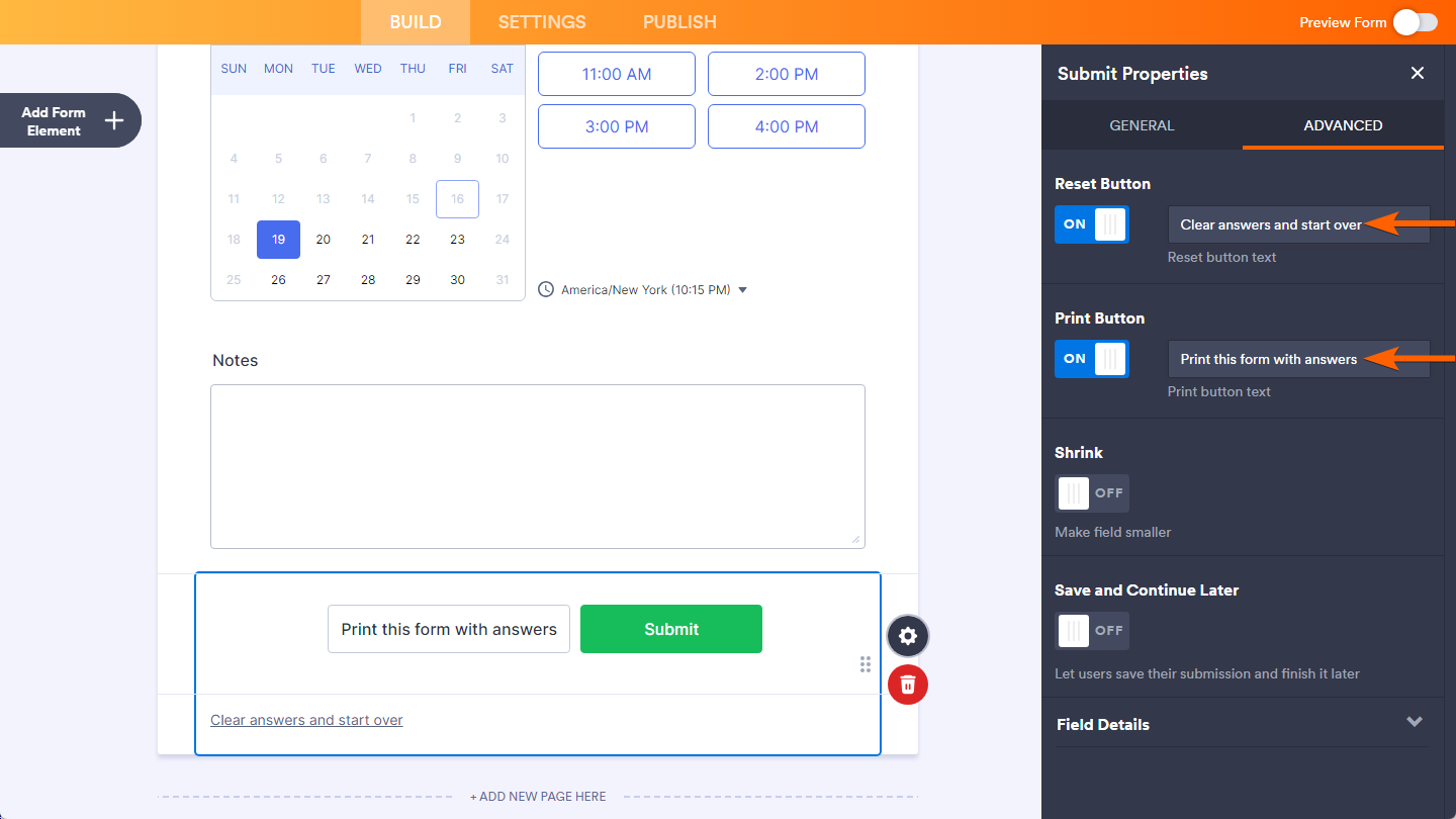 Propiedades del texto del botón de restablecer y del botón de imprimir en las propiedades avanzadas del botón de enviar en el Jotform Form Builder