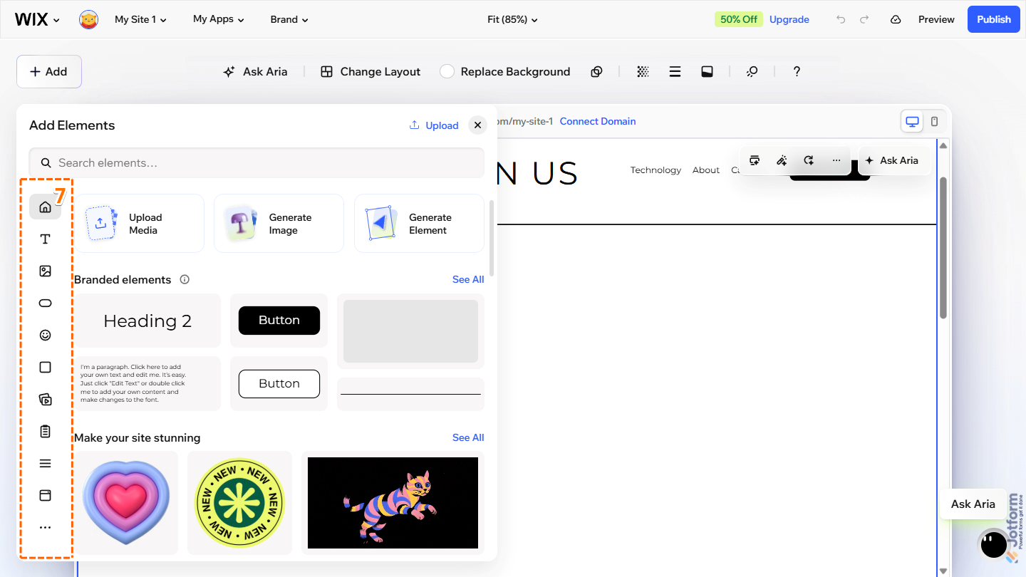 Add Elements window in Wix Harmony Editor