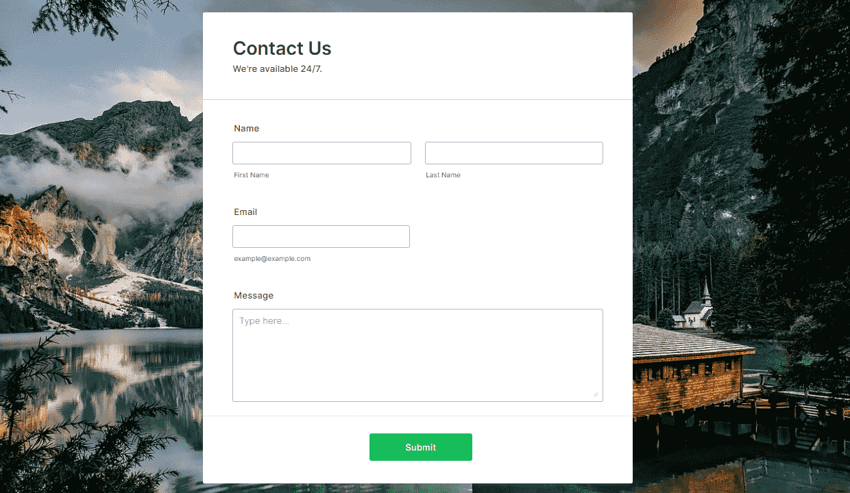A contact form with a lake cabin background