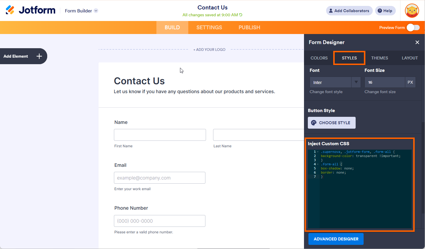 Inject Custom CSS code in Form Designer Jotform
