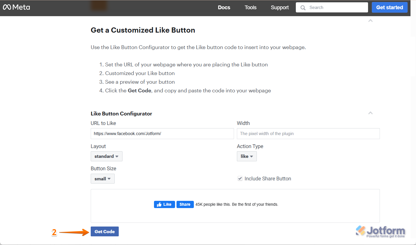 Get code button in Like Button Configurator page