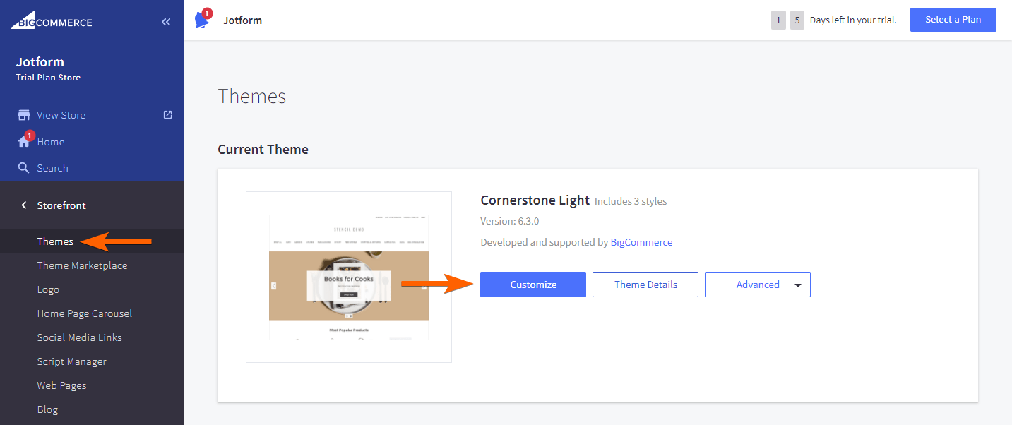 Capture d'écran de l'éditeur visuel BigCommerce avec une flèche pointant vers le bouton Personnaliser le Thème