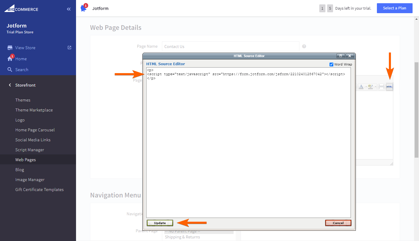 Capture d'écran de l'éditeur de source HTML dans BigCommerce