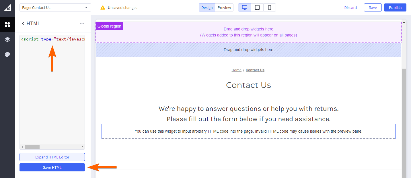 Capture d'écran d'un code d'intégration dans BigCommerce