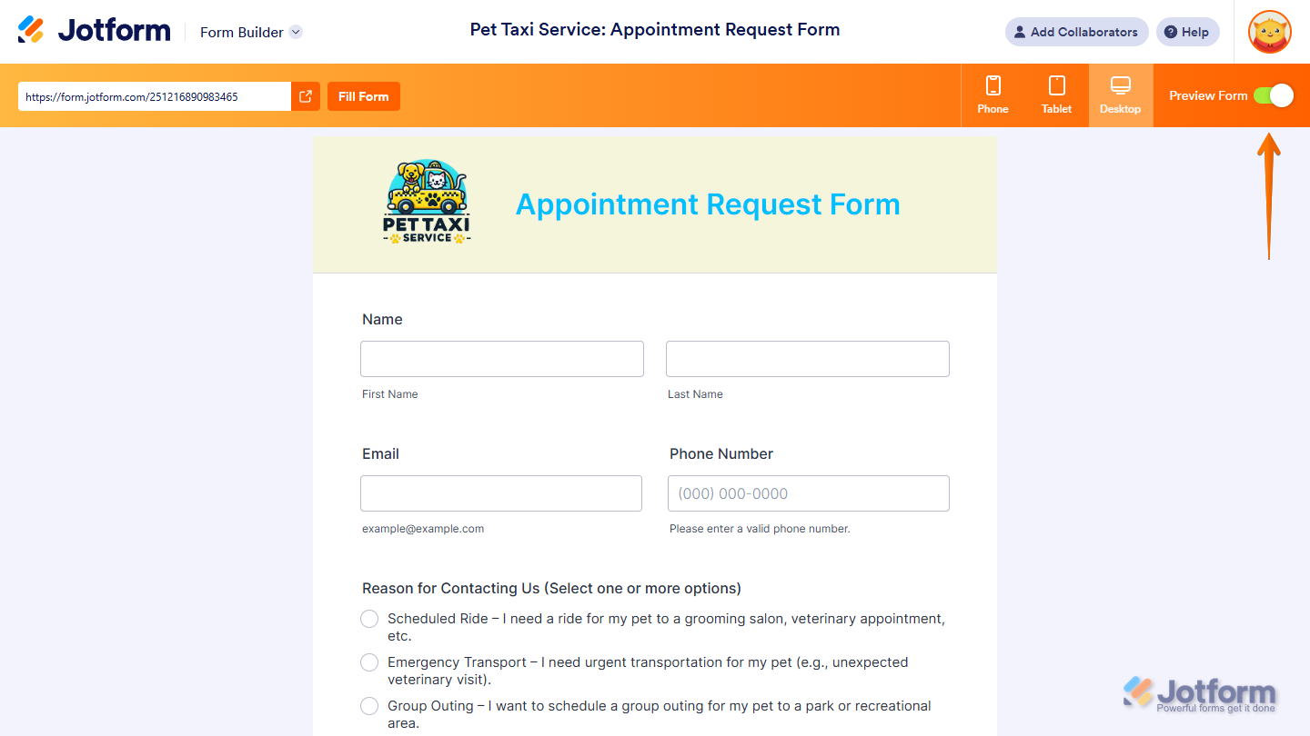 Preview Form Page of the Jotform Form Builder