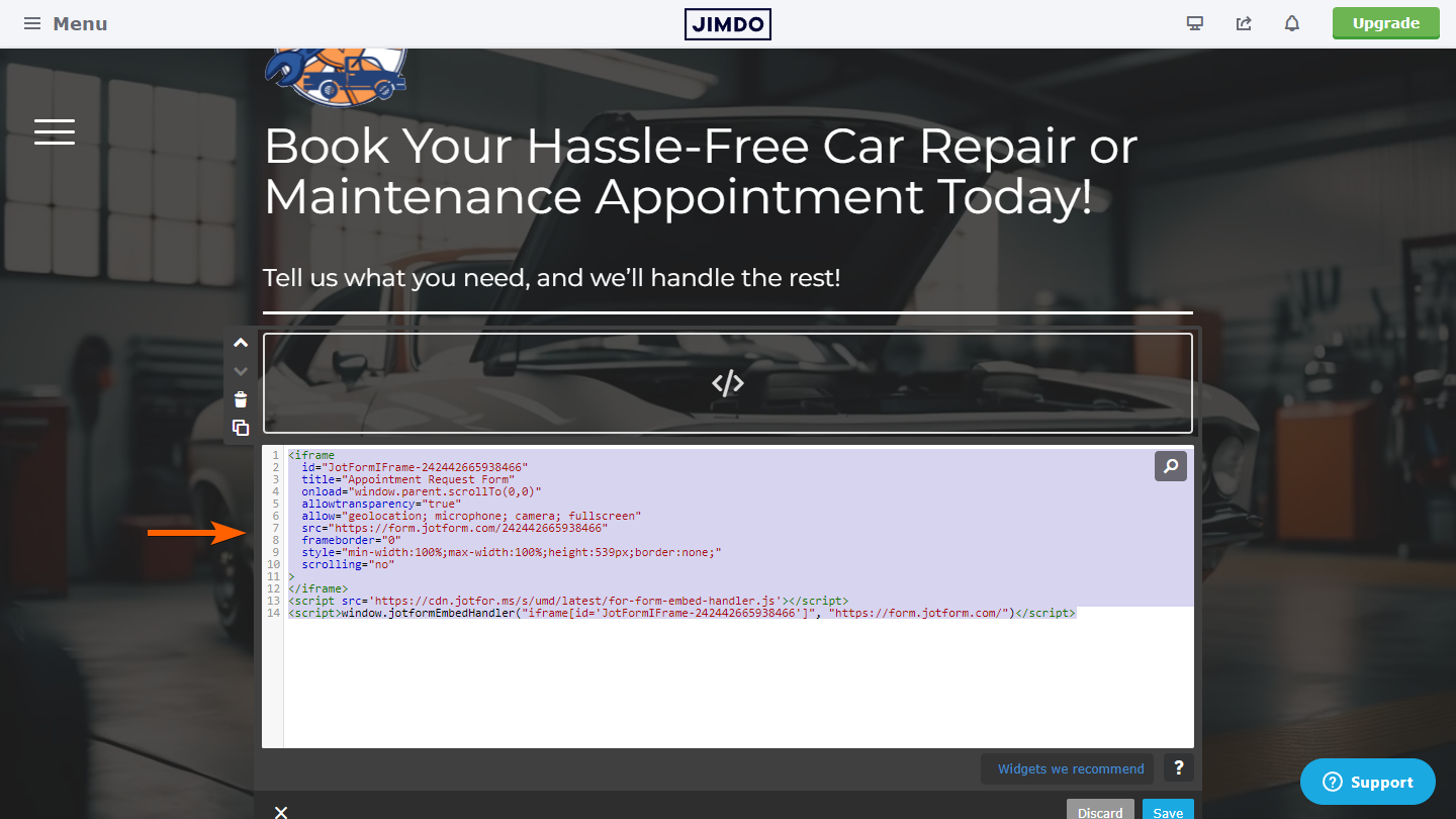 Capture d'écran avec le codes d'intégration du formulaire Jotform copié dans le widget/élément HTML de l'éditeur Jimdo Creator