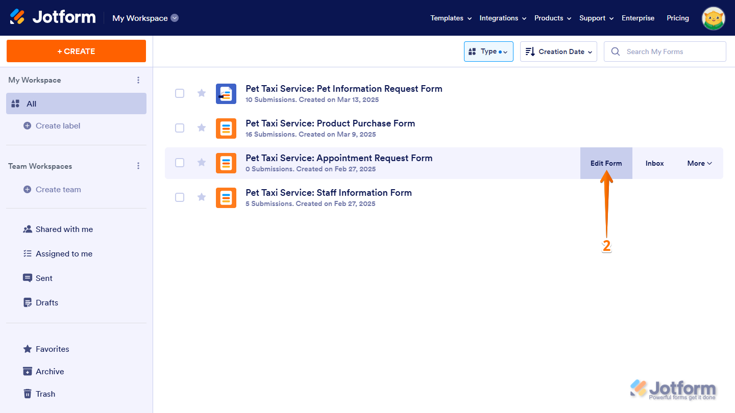 Edit Form button of a form on the Jotform My Workspace page