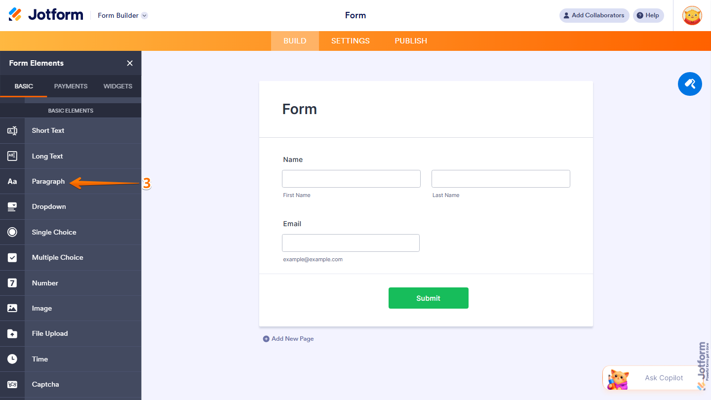 Form Elements Basic tab showing Paragraph element selection in Jotform