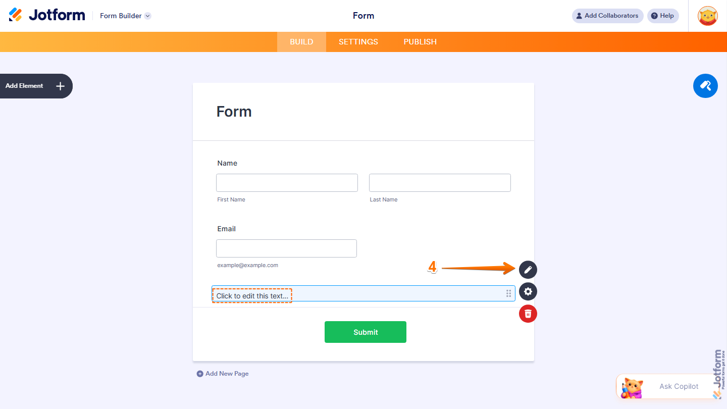 Paragraph element showing Click to Edit this Text and Pencil icon in Jotform