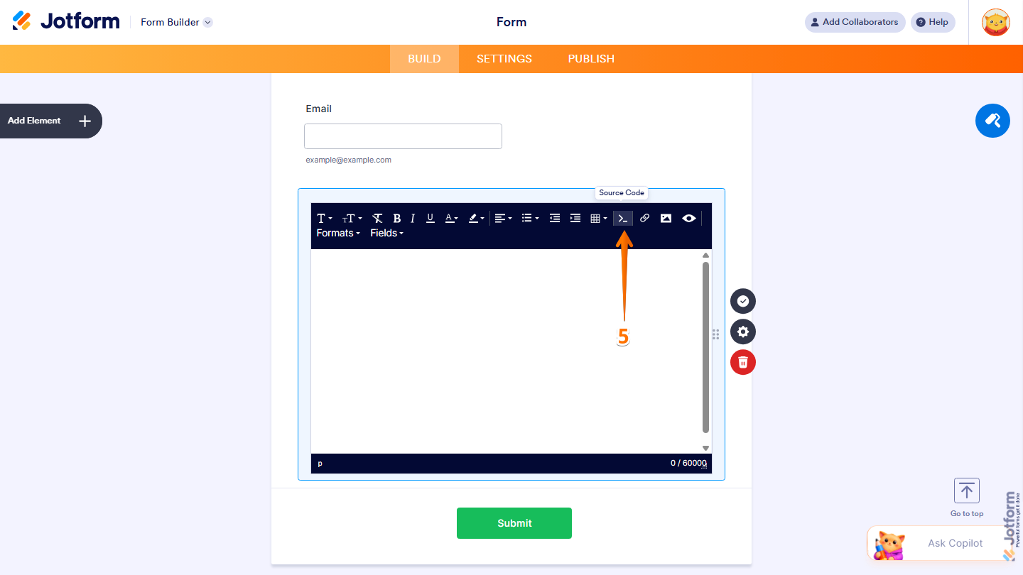 Paragraph Rich Text Editor showing Source Code icon in Jotform