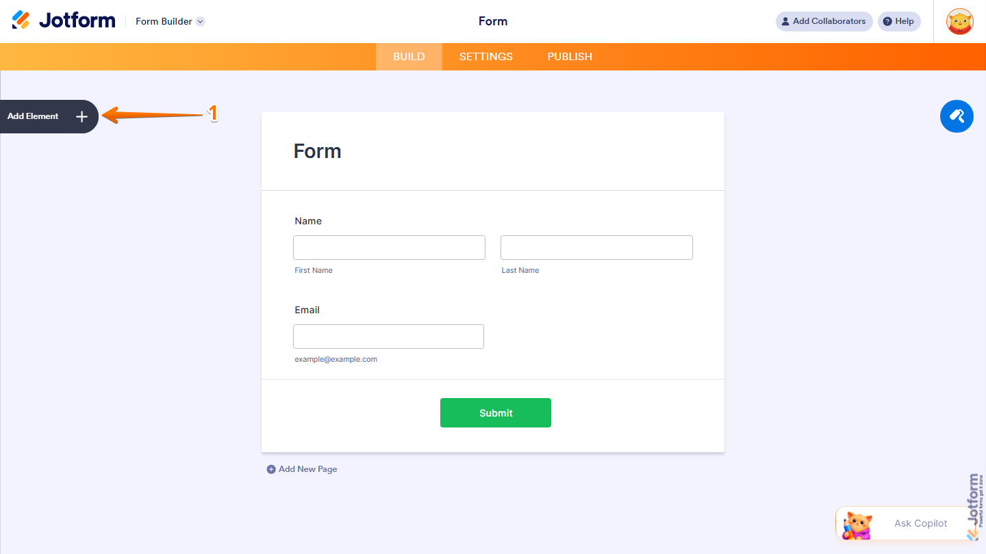 Form Builder showing Add Element button on the left side in Jotform