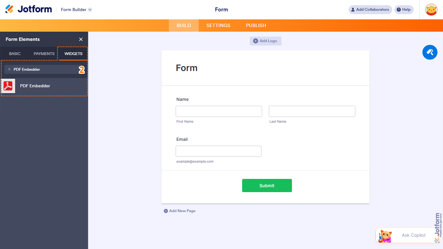Form Elements Widgets tab showing PDF Embedder widget search and selection in Jotform