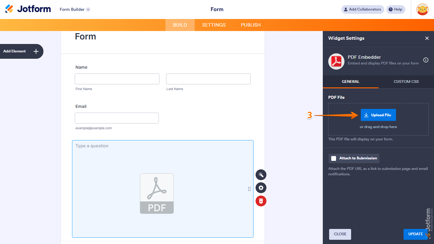 PDF Embedder Widget Settings showing Upload File button and drag-and-drop upload area in Jotform