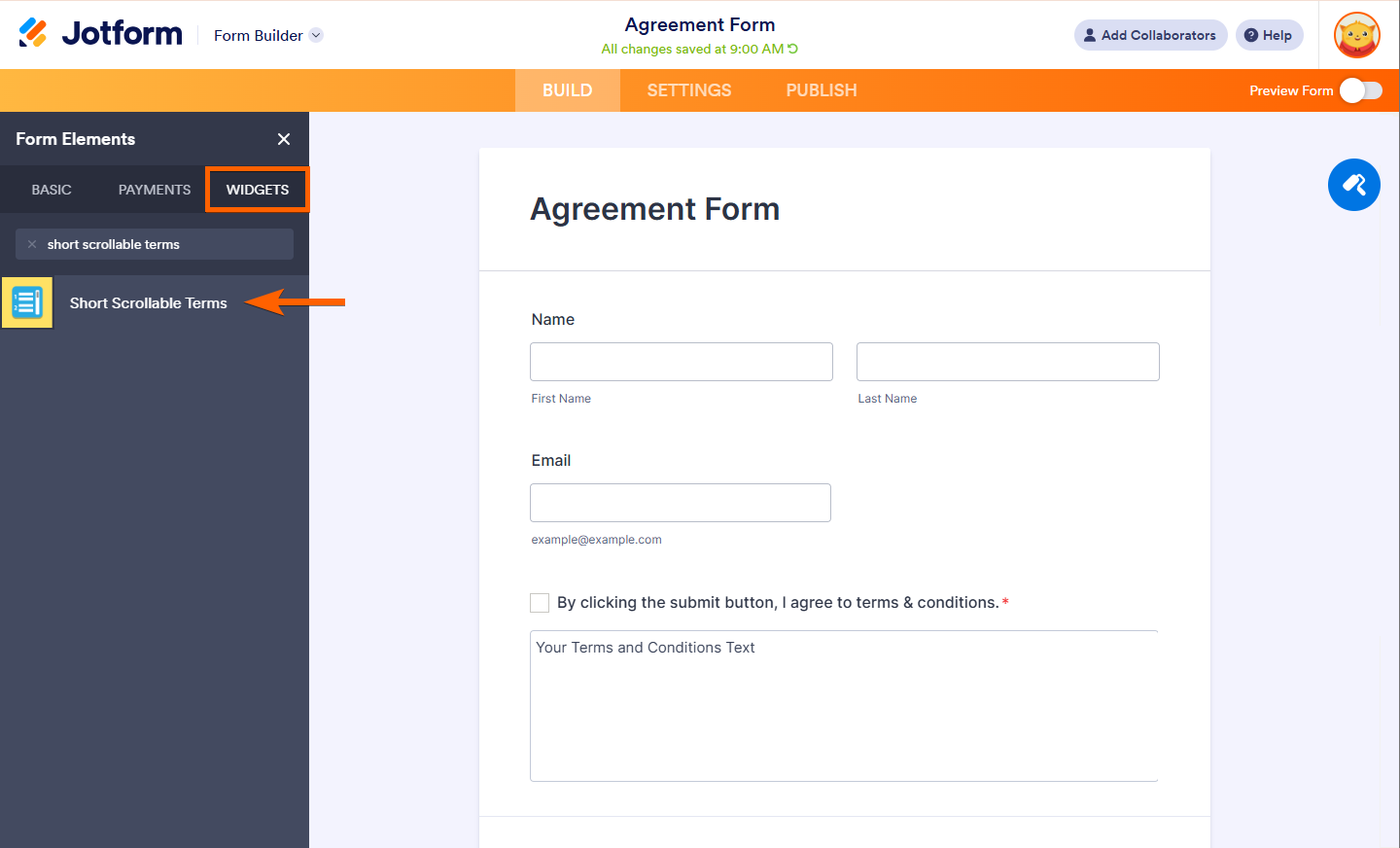 Short Scrollable Terms widget being search in Widget Tab and add to the Form