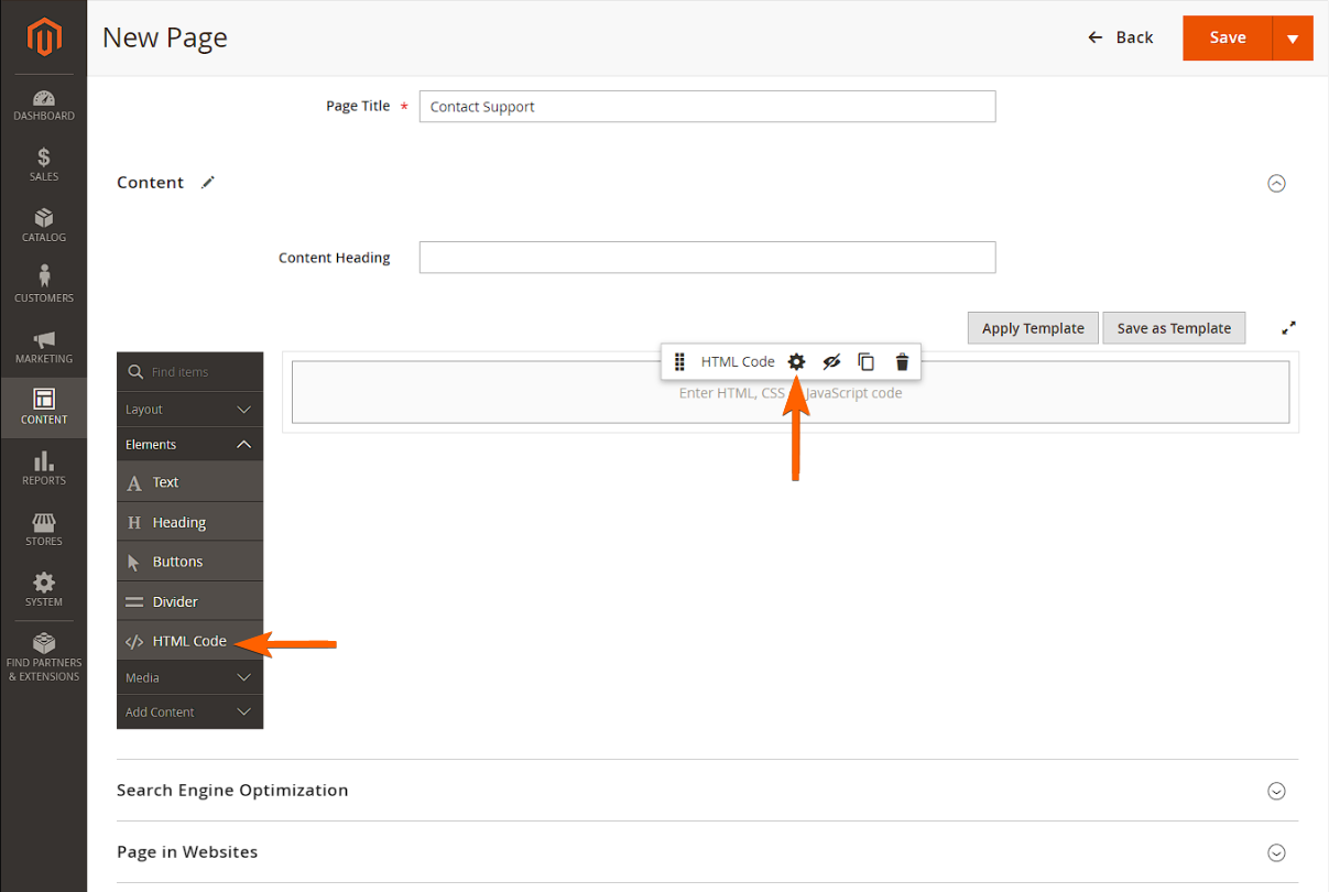 Capture d'écran avec une flèche pointant vers l'icône d'engrenage pour accéder aux paramètres de l'élément Code HTML dans Magento Page Builder