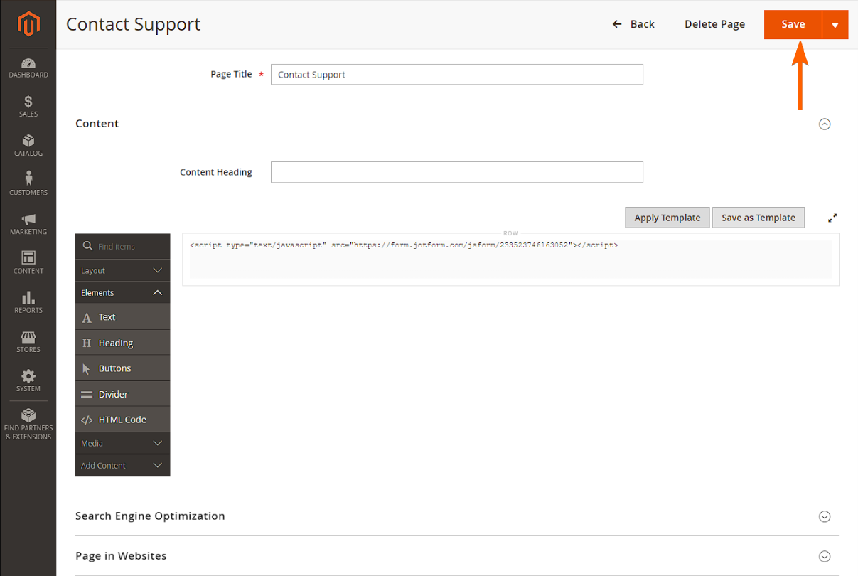 Capture d'écran de l'éditeur de page avec une flèche pointant vers le bouton Enregistrer dans Magento Page Builder
