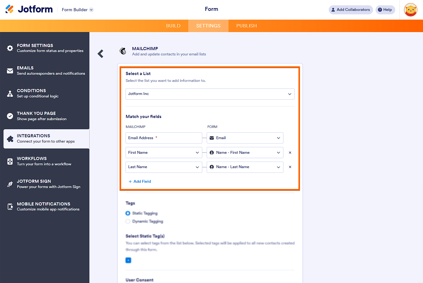 Selecciona una lista y Coincide tus campos en la configuración de integración de Mailchimp