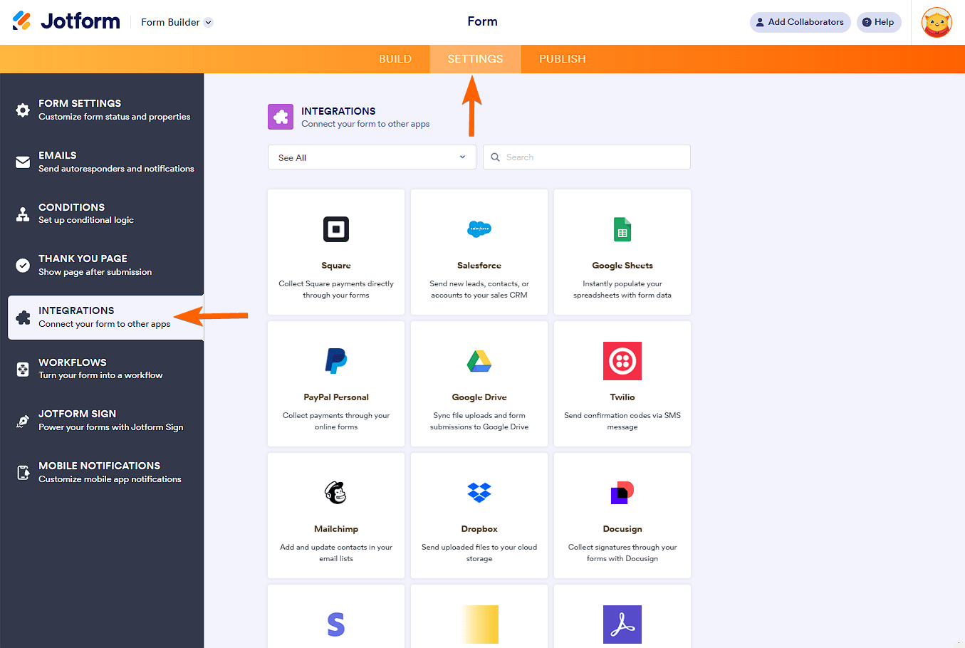 Sección de Integraciones en el Creador de Formularios de Jotform
