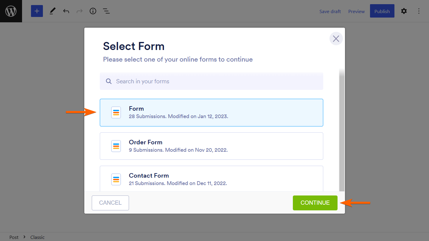 Selecting a Form in the Select Form Box of WordPress Plugin