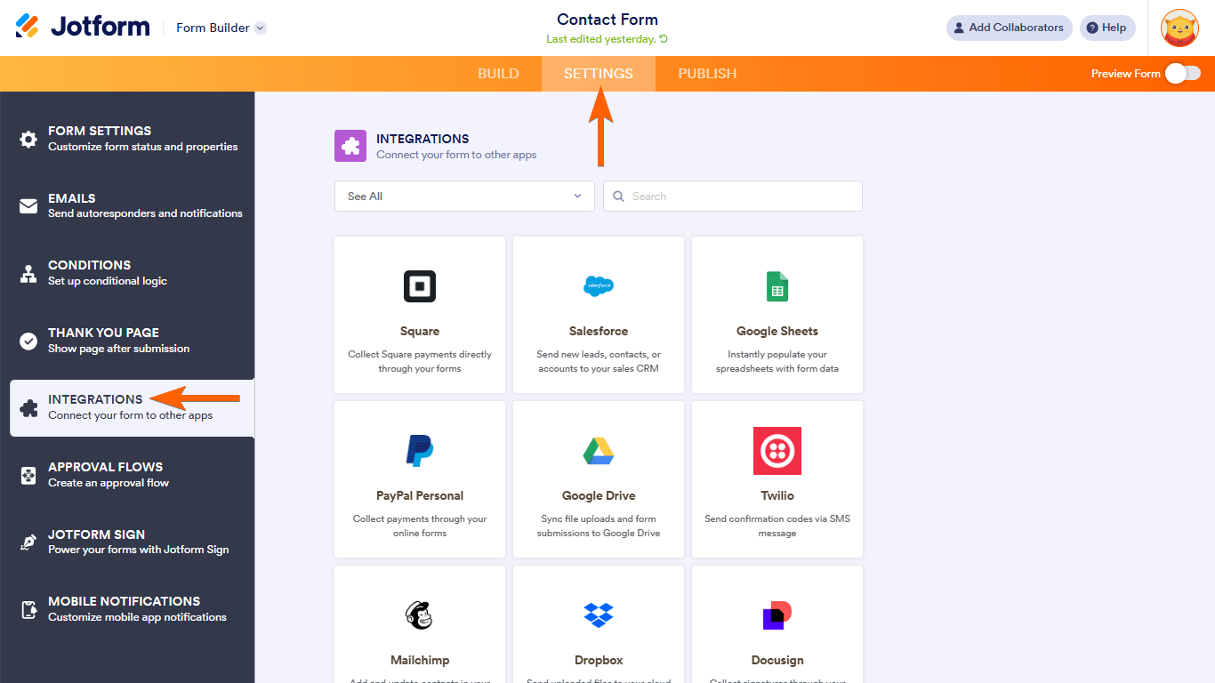 Pasos para acceder a las integraciones en Jotform