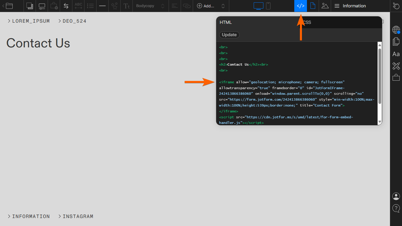 An iframe code in Cargo Code View