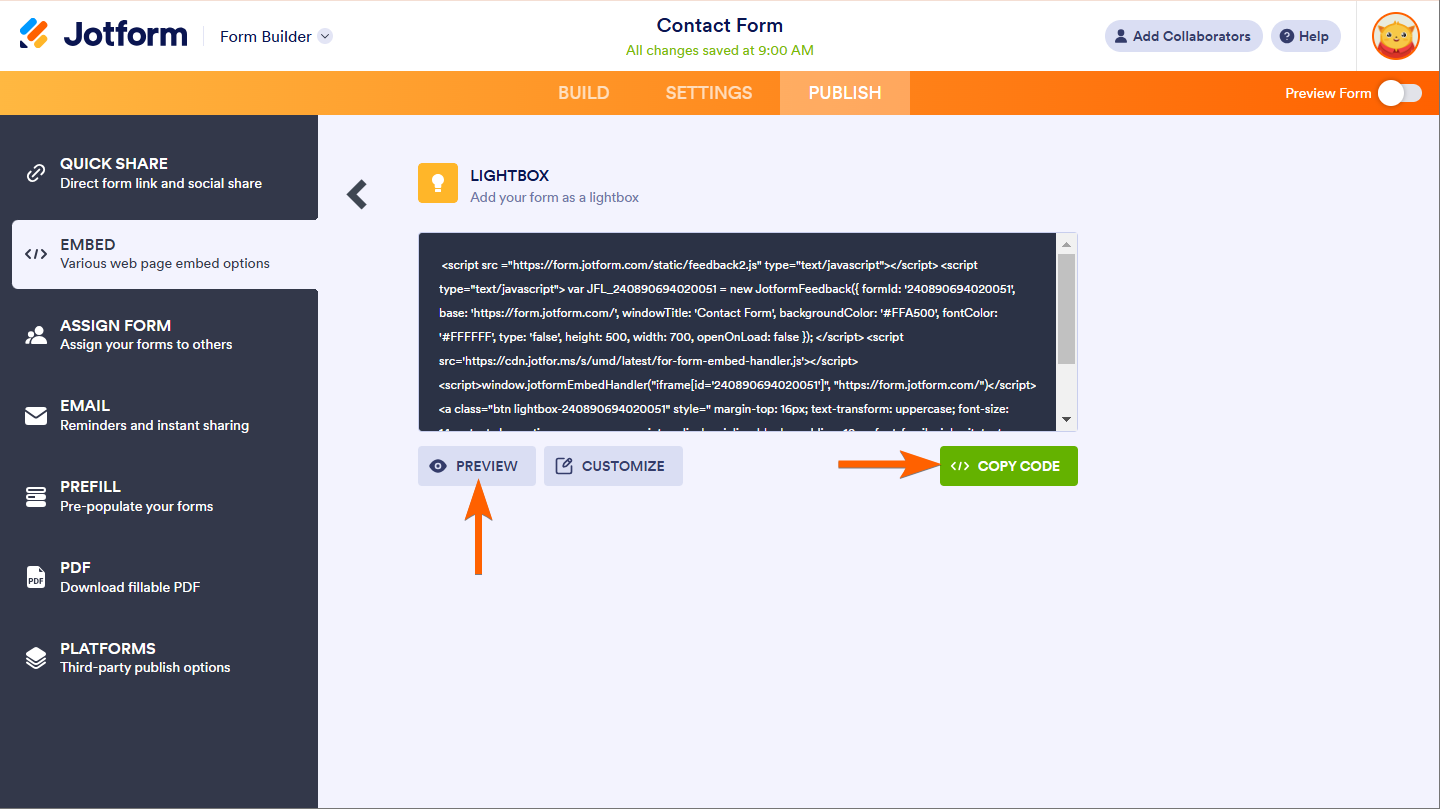 Copy code, preview and customize button of Lightbox Embed option