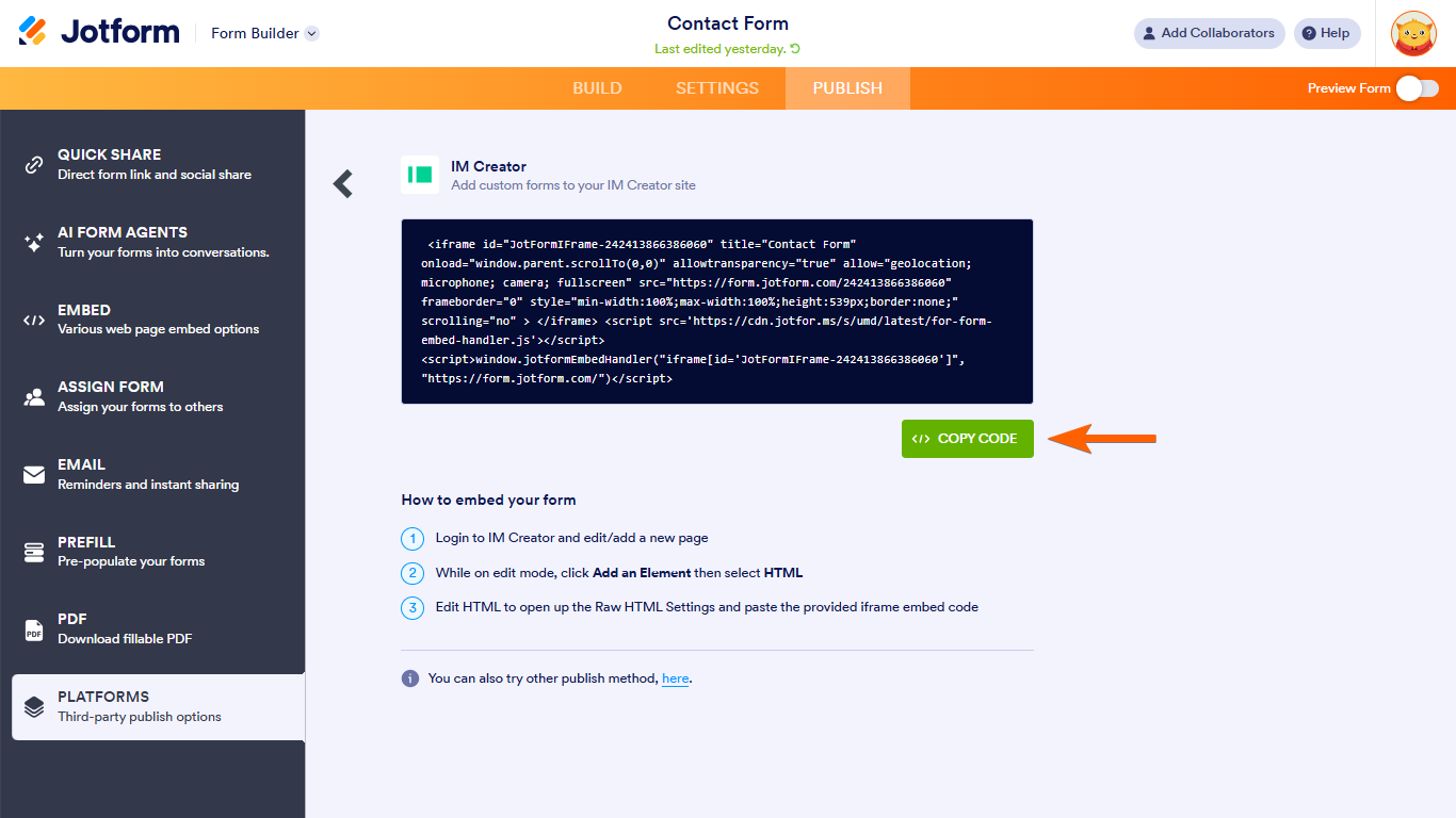 An IM Creator Copy Code button in Jotform Form Builder Platforms