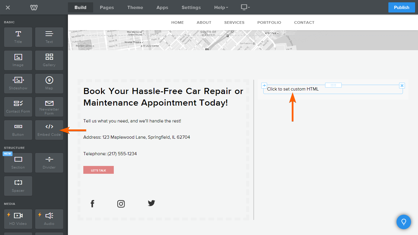Embed Code element in Weebly Site Editor