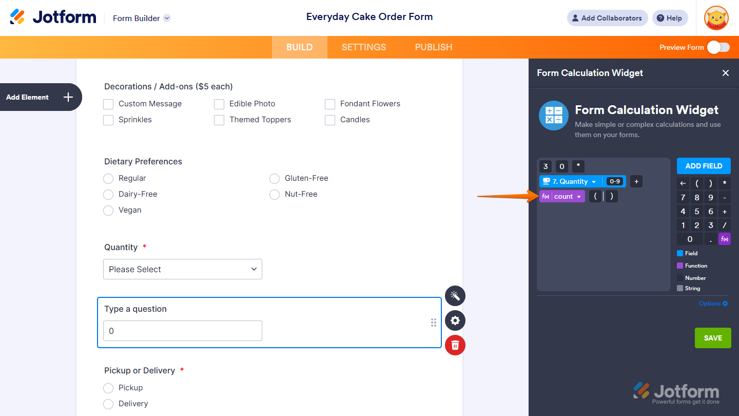 Function elements in the Formula Editor of the Form Calculation Widget window in Jotform Form Builder