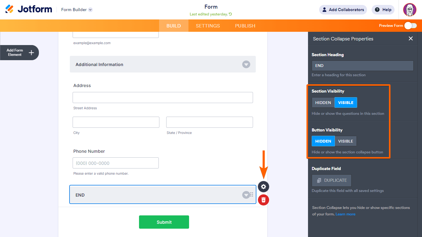 Steps to toggle the Section Collapse's visibility in Jotform Form Builder