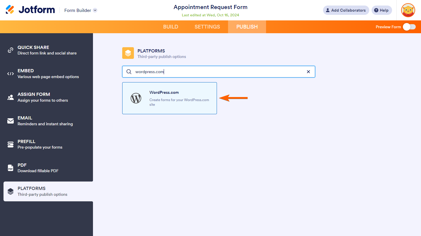 WordPress publish option in Platforms tab of Form Builder in Jotform