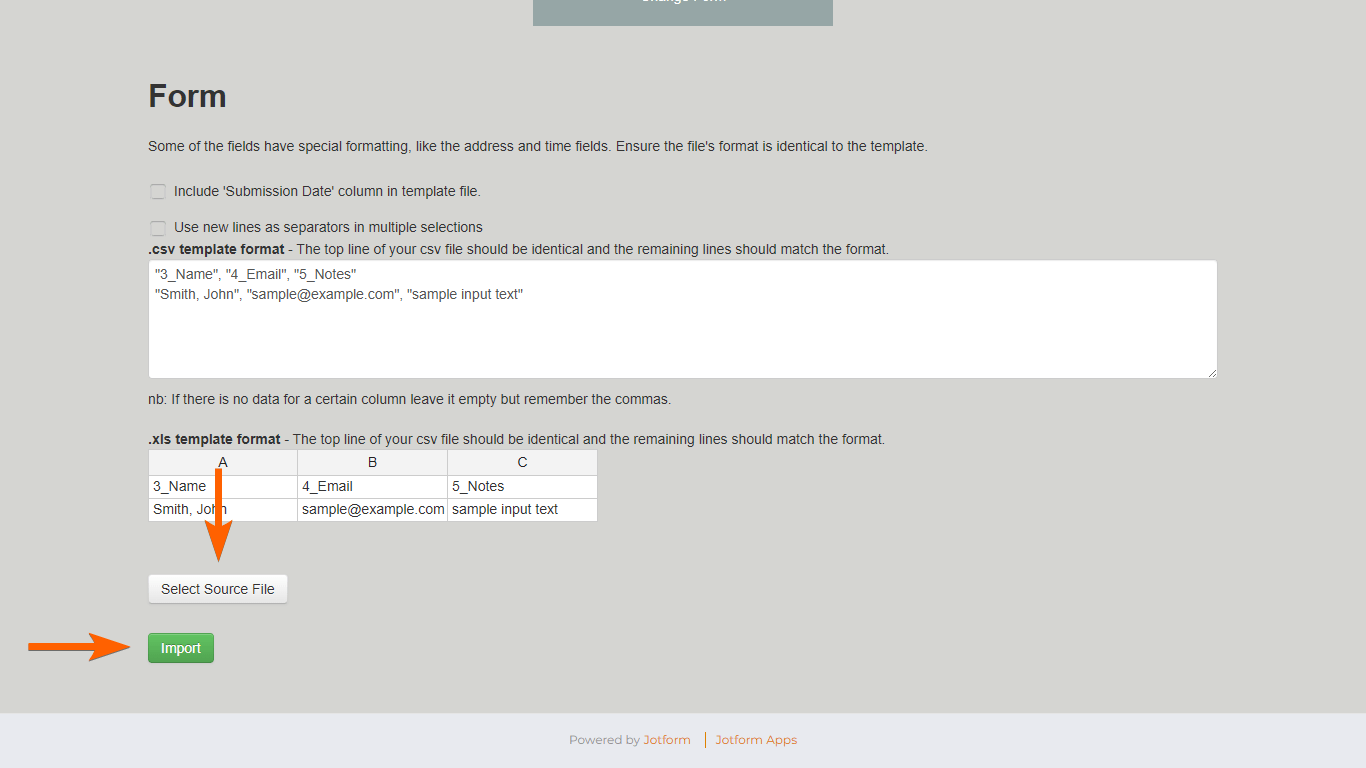 Steps to upload the source file in Jotform Import Data