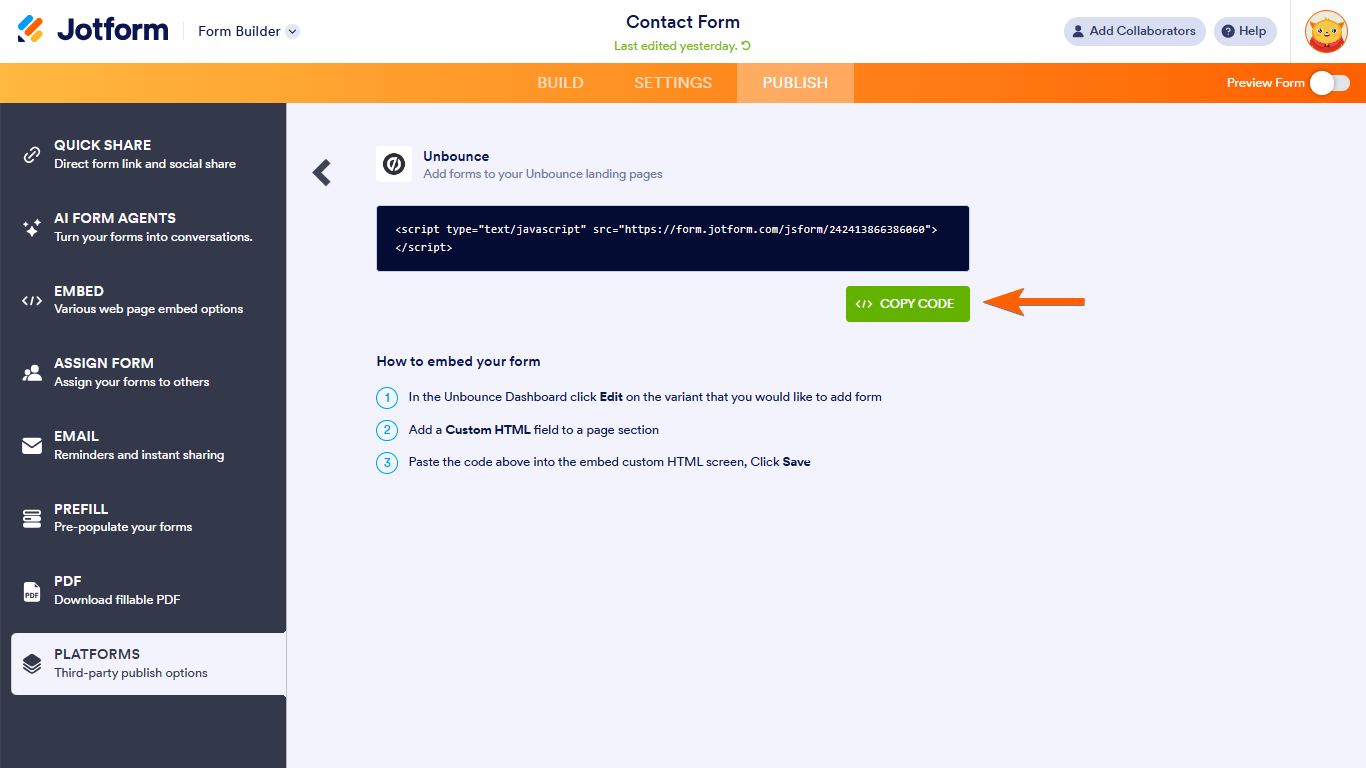Ein Unbounce-Code-Kopierbutton in Jotform Form Builder Platforms