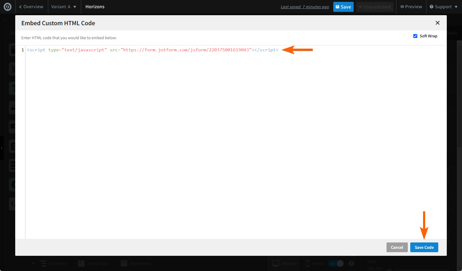 Einbettungscode in Unbounce