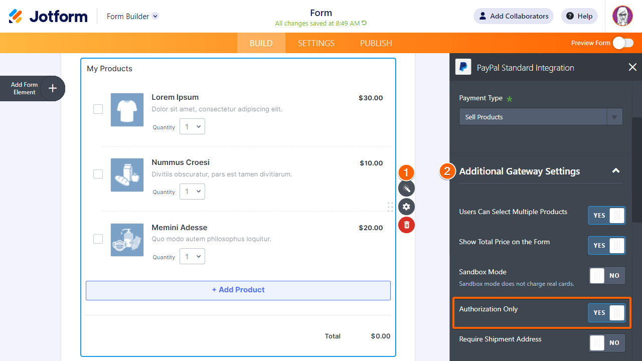 Steps to enable the Authorization Only option in Jotform Form Builder