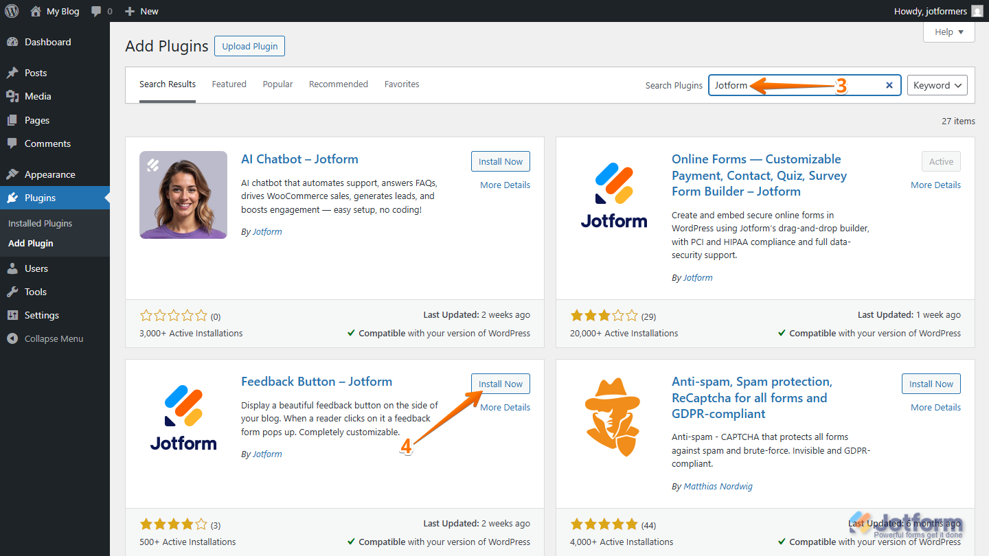 Search and Install the Jotform Feedback Button plugin
