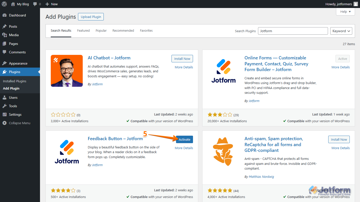 Activate the Jotform Feedback Button plugin