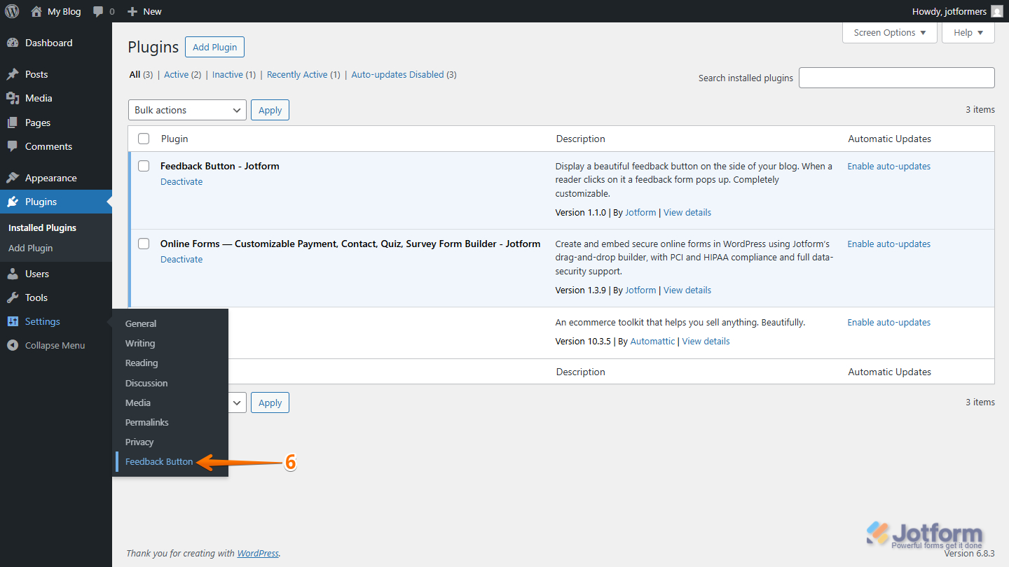 Jotform Feedback Button option under the Plugins menu of the WordPress dashboard