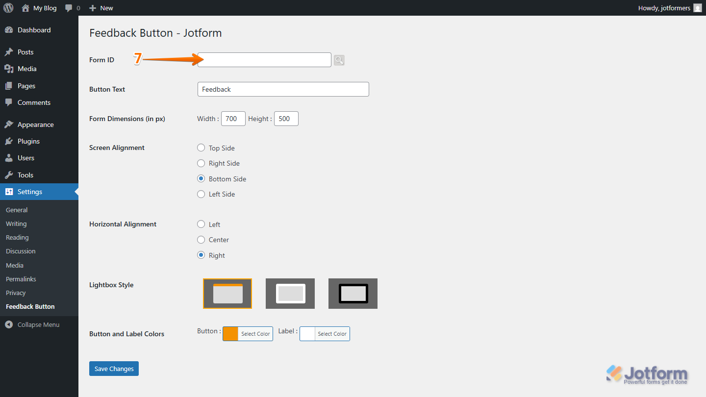 Search Form ID in the Jotform Feedback Button plugin settings