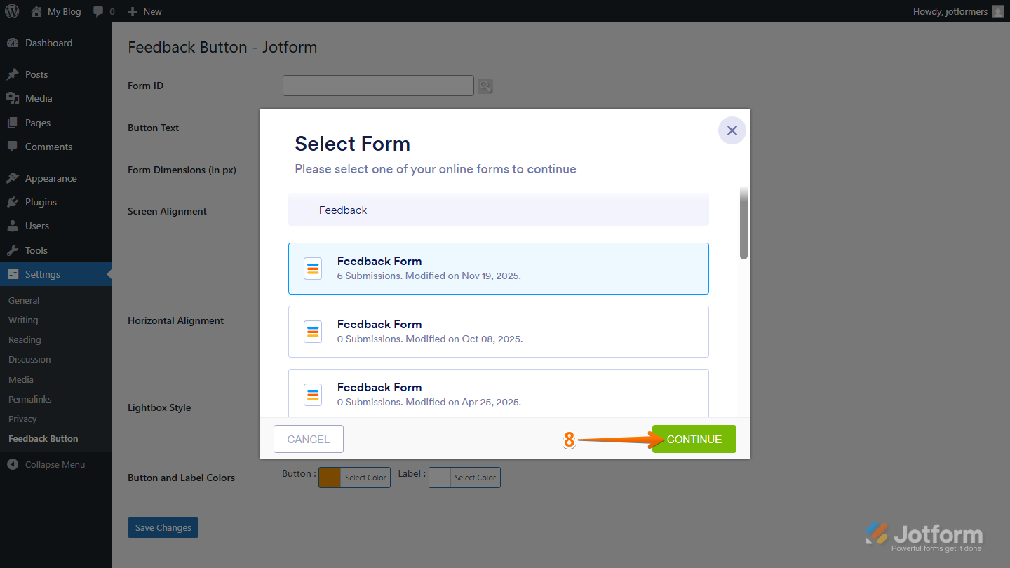 Select Form window in the Jotform Feedback Button plugin settings